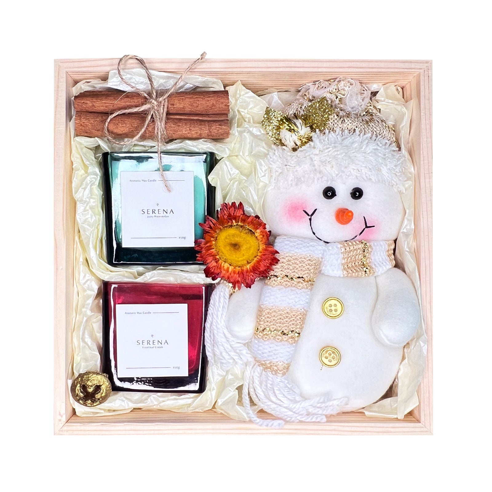 Perfect Christmas Gift Basket with Jar Candle, Snowman Plush & Decorative Dried Flowers