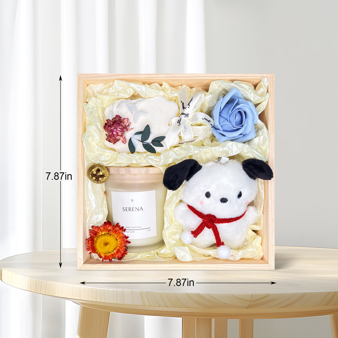 Cozy Gift Basket with Jar Candle, Scented Wax Pendant, Stuffed Animal & Soap Flower Decor