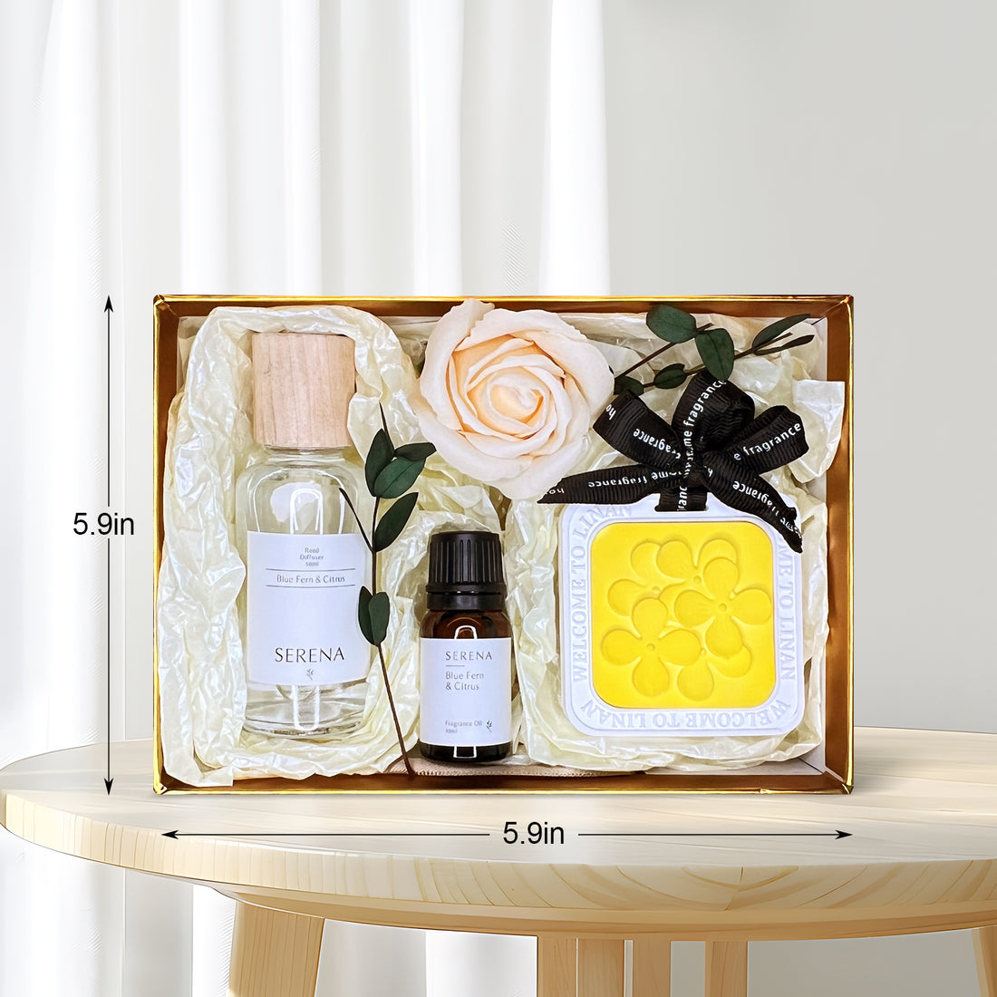 Home Spa Gift Basket with Reed Diffuser, Fragrance Oil, Soap Flower & Floral Decor