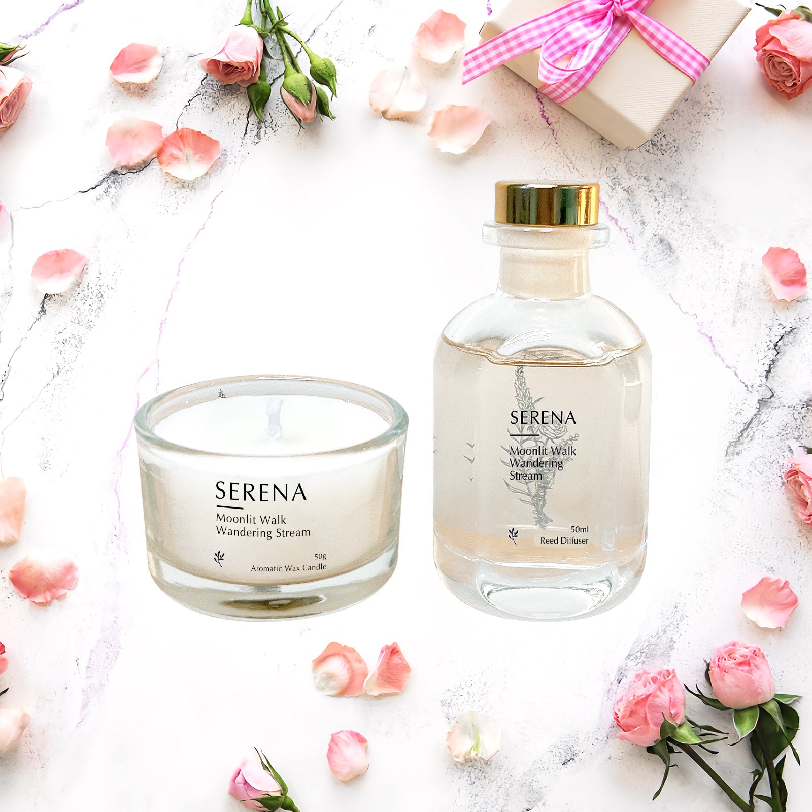 Soy Wax Candles & Reed Diffuser Gift Set, Serena Jar Candle, Crystal Glass Diffuser (50ml Diffuser + 50g Candle)