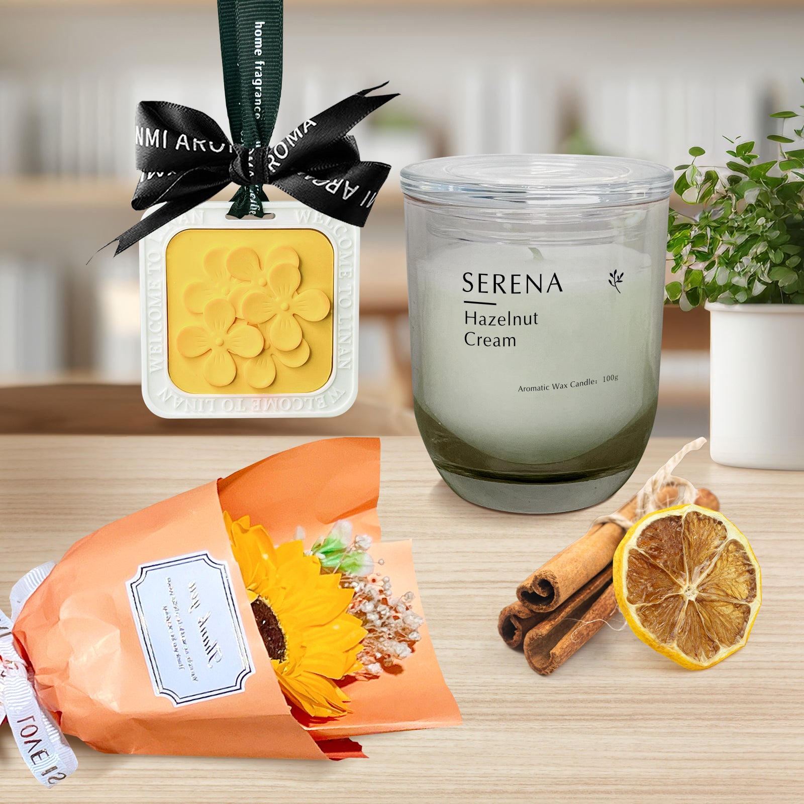 Serena Candle & Soap Flower Gift Basket in Wooden Box – Perfect for Relaxation & Decor