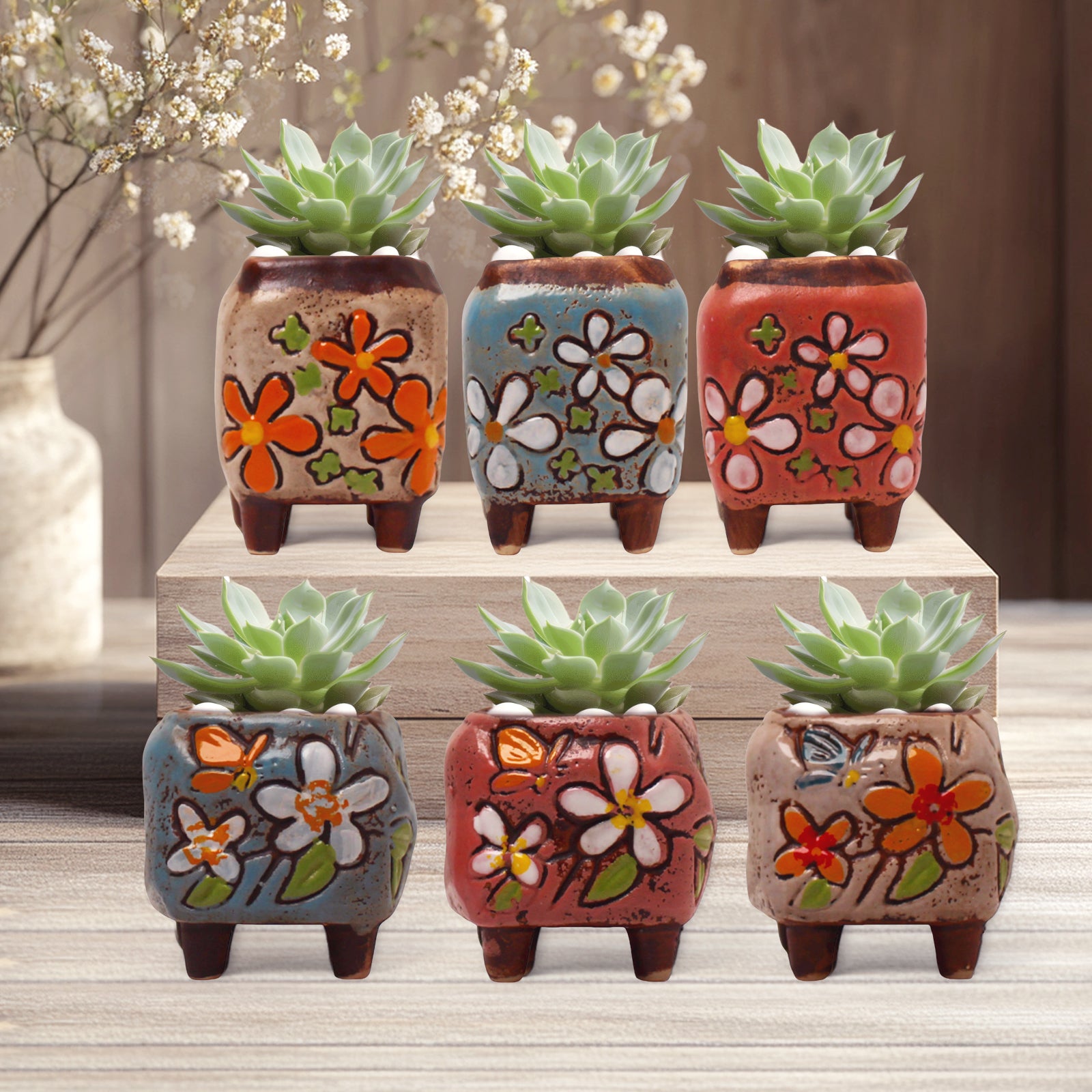 Floral Plant Pot, Hand Painted Planter Pots, Square Clay Plant Pots