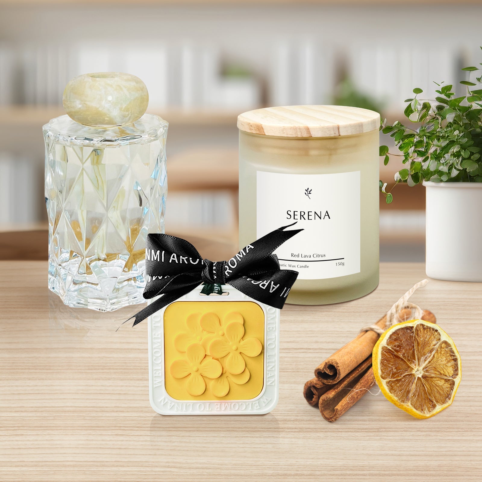 Luxury Wooden Gift Basket with Serena Scented Candle, Reed Diffuser & Hanging Ornament