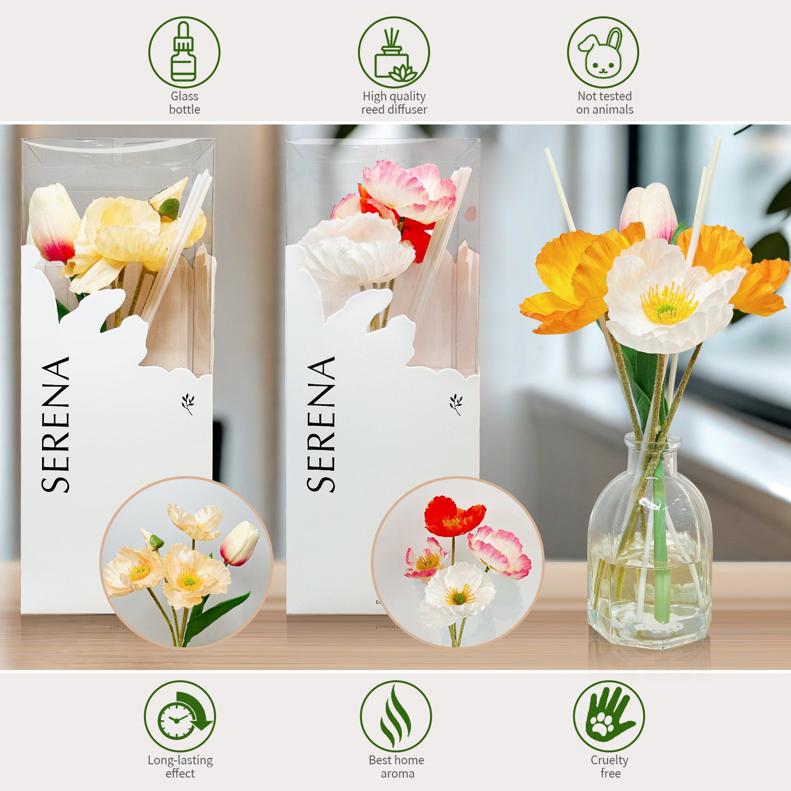 Crystal Glass Flower Reed Diffuser for Home Fragrance, Serena Air Freshener (100ml)