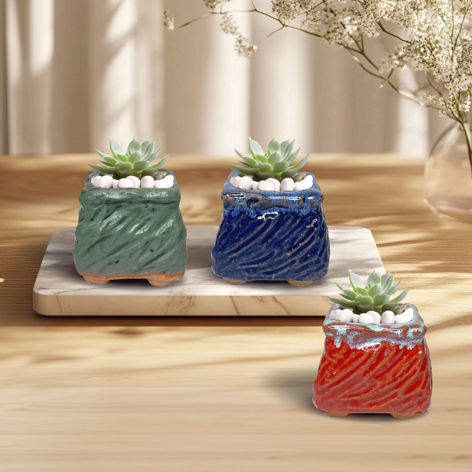 Wavy Mini Planter Pot, Maifan Stone Square Planter Pot, Home Decor