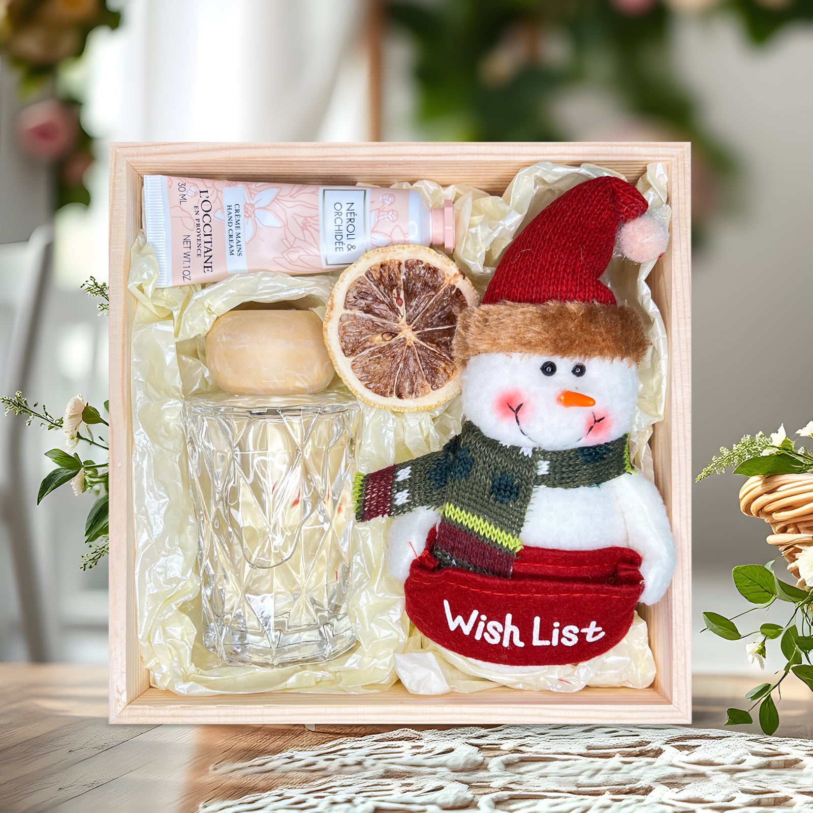 Charming Winter Gift Basket with Crystal Diffuser, Hand Cream & Snowman Plush Toy
