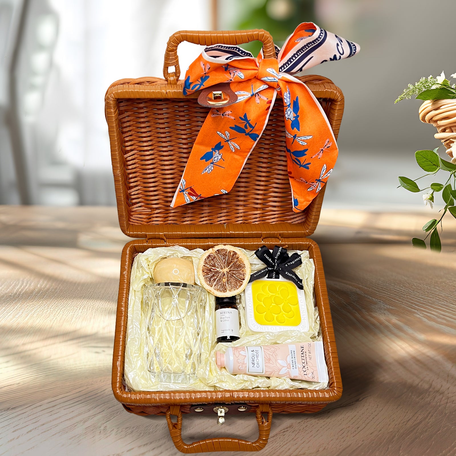 Thoughtful Spa Gift Set in Suitcase: Crystal Reed Diffuser, Hand Cream & Flower Petal Ornament