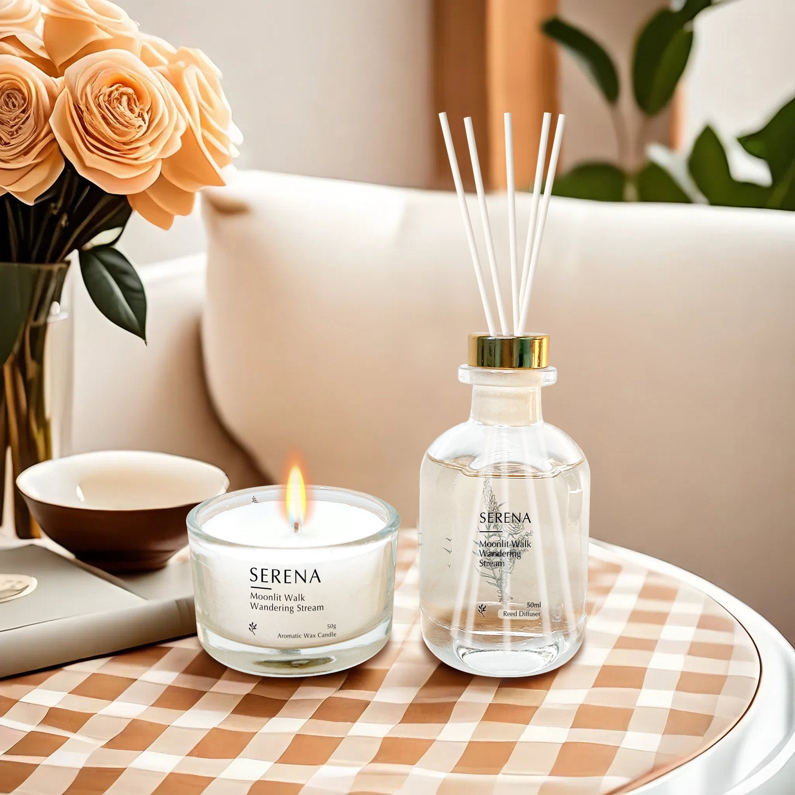 Soy Wax Candles & Reed Diffuser Gift Set, Serena Jar Candle, Crystal Glass Diffuser (50ml Diffuser + 50g Candle)