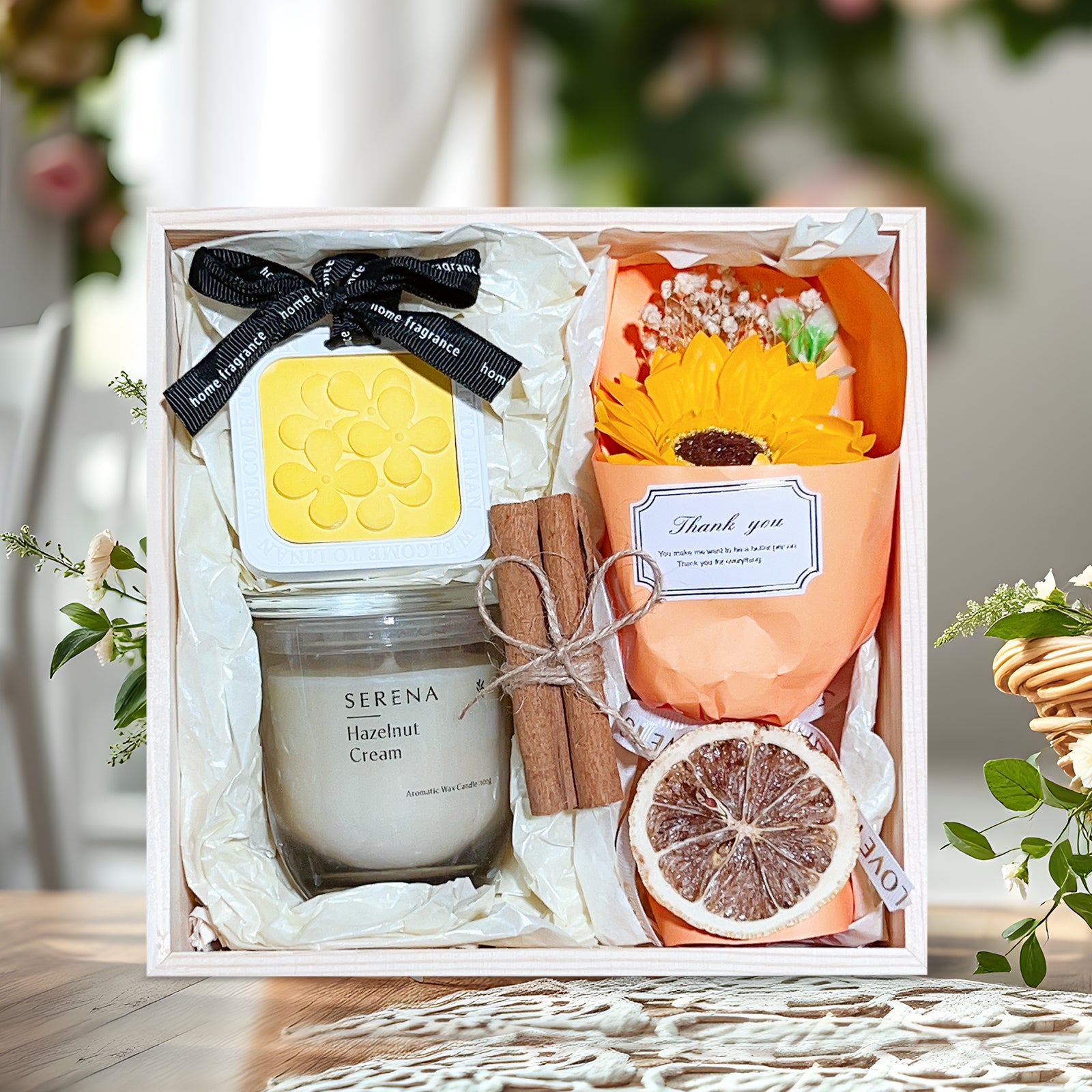 Serena Candle & Soap Flower Gift Basket in Wooden Box – Perfect for Relaxation & Decor