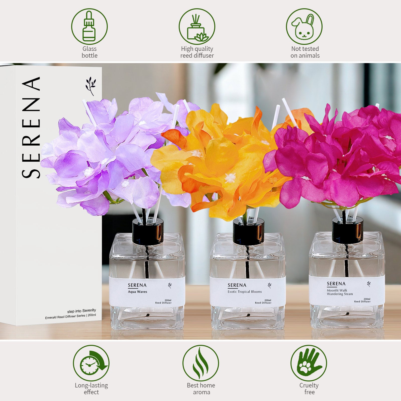 Crystal Glass Flower Reed Diffuser for Home Fragrance, Serena Air Freshener (200ml)
