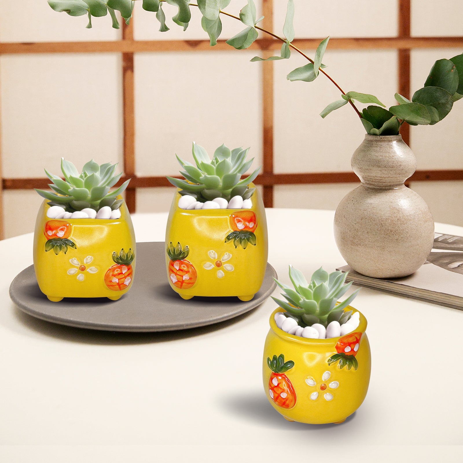 Yellow Plant Pot, Floral Garden Clay Planter Pot, Home Office Decor