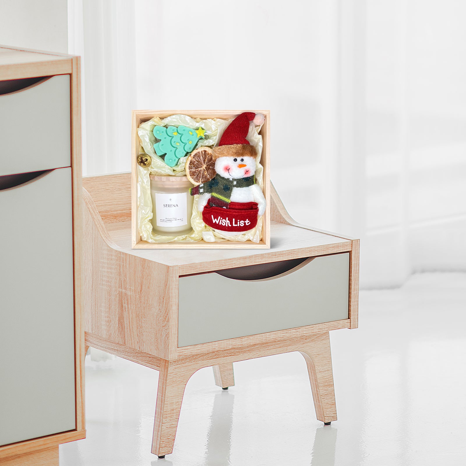 Festive Christmas Gift Basket with Jar Candle, Tree Candle & Snowman Stuffed Toy