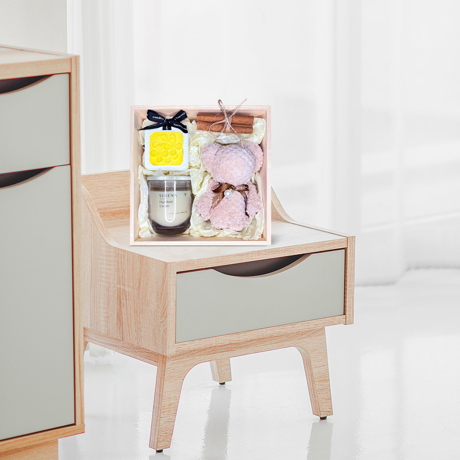 Thoughtful Gift Basket with Jar Candle, Cute Teddy Towel, Ornament & Floral Decorations