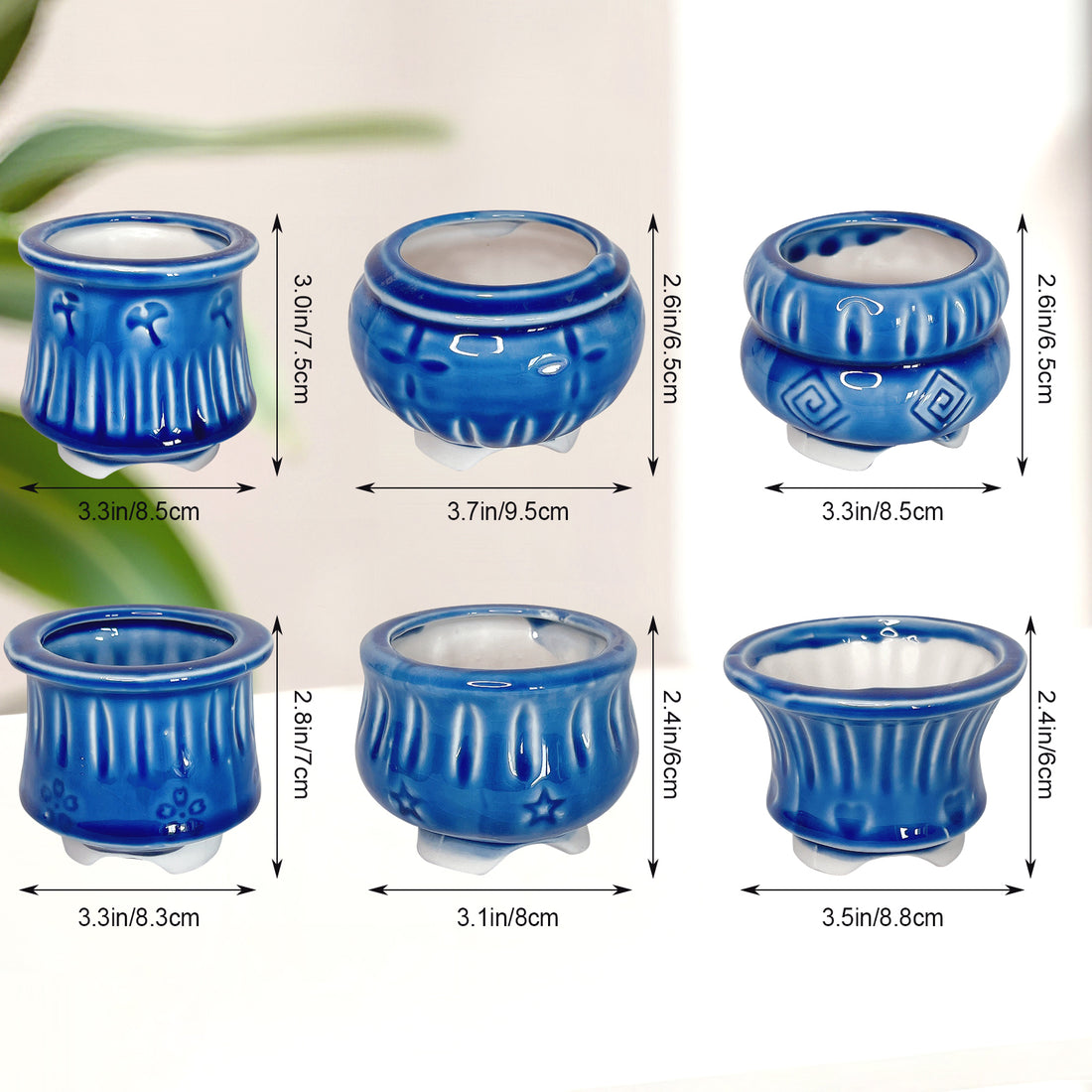 Blue Ceramic Plant Pot, Ice Blue Stamped Indoor Planter Pot