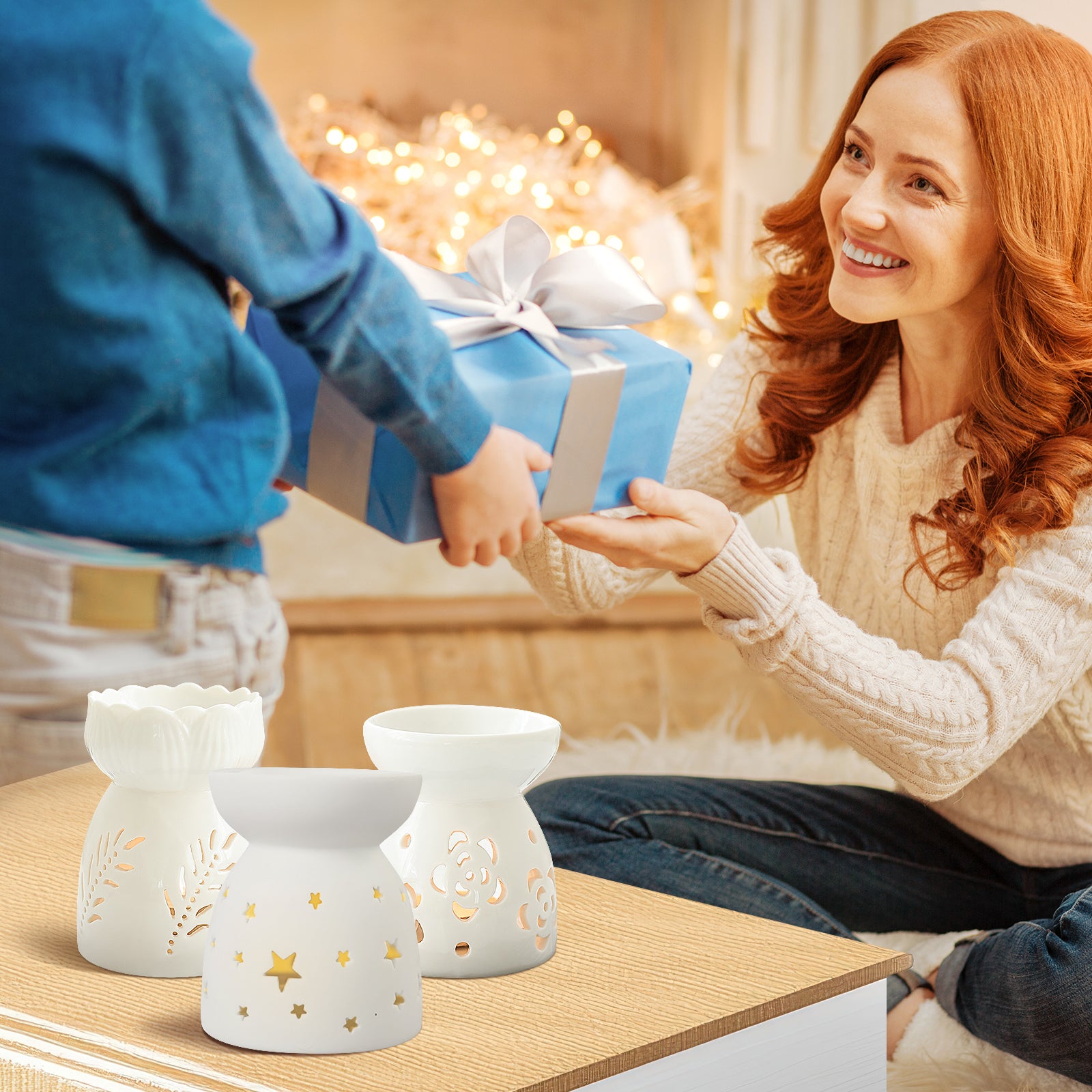 Elegant Ceramic Aromatherapy Oil Burner/ Essential Oil Burner with Decorative Star, Floral, and Leaf Cut-Out Designs