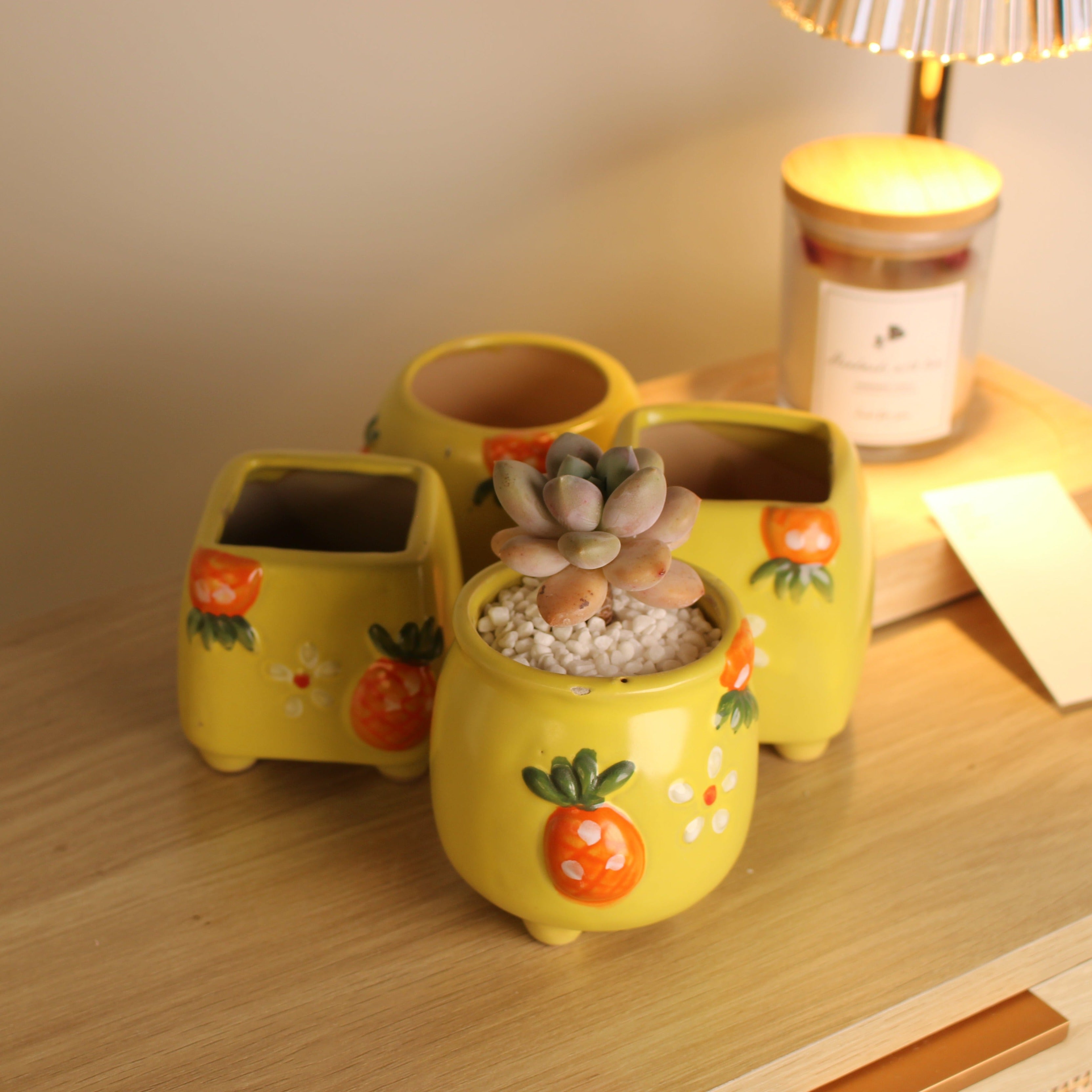 Yellow Plant Pot, Floral Garden Clay Planter Pot, Home Office Decor