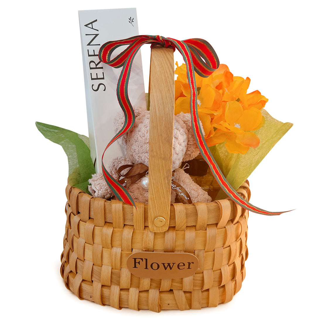 Elegant Gift Basket with Teddy Bear Towel and Serena Flower &amp; Reed Diffusers