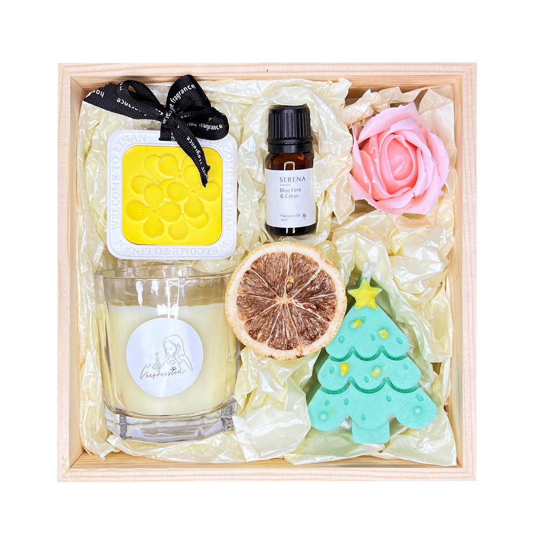 Premium Holiday Gift Basket with Christmas Tree Candle, Soap Flower & Aromatherapy Fragrance Oil