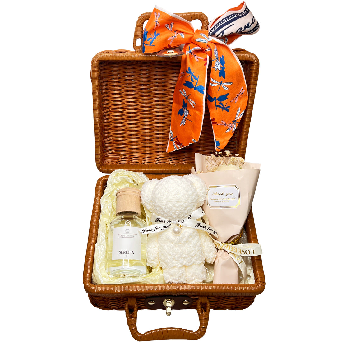 Beautiful Suitcase Gift Basket with Reed Diffuser, Soap Flower & Soft Teddy Towel