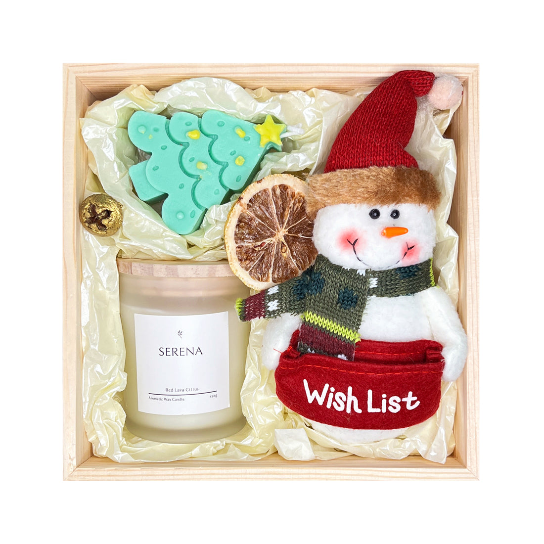 Festive Christmas Gift Basket with Jar Candle, Tree Candle &amp; Snowman Stuffed Toy