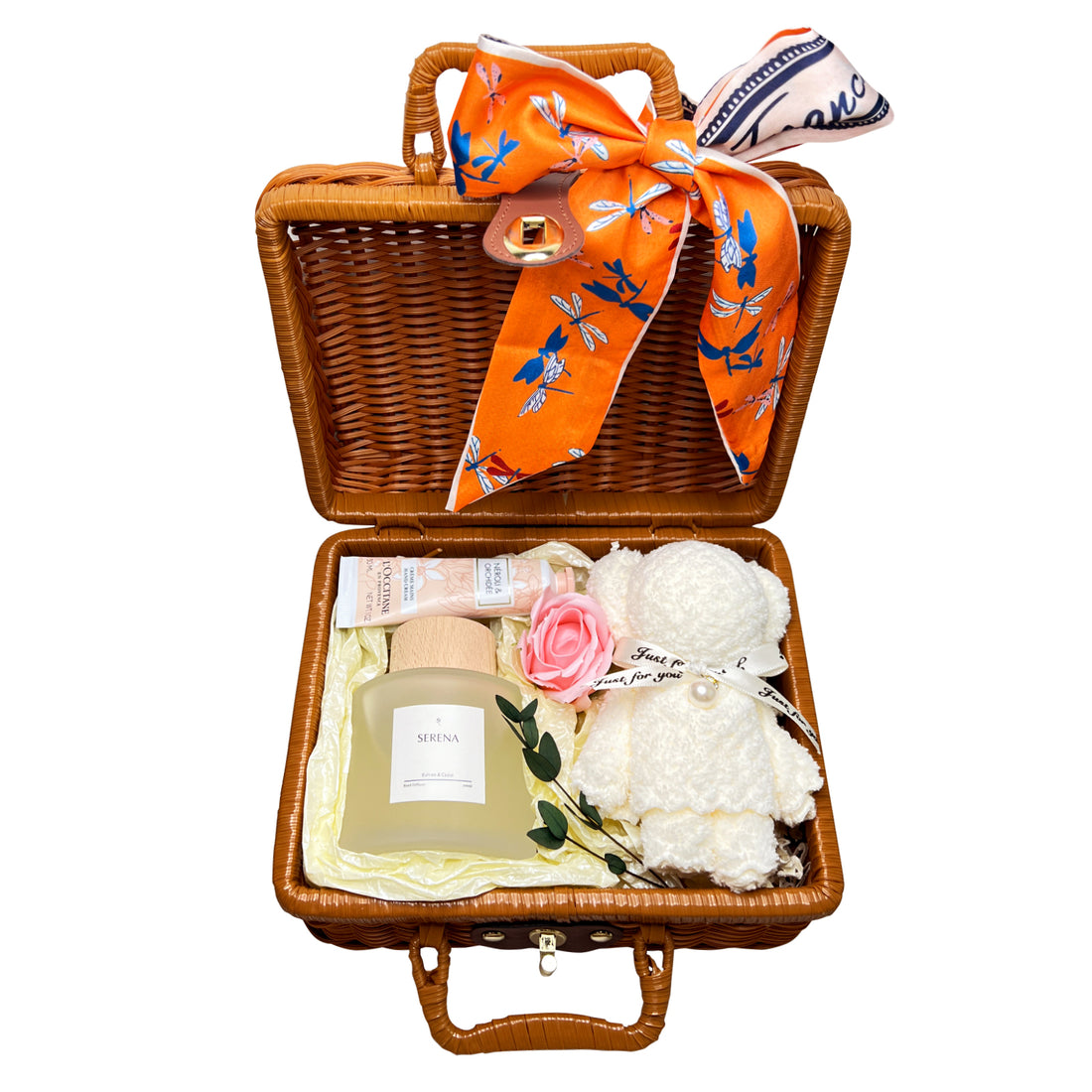 Adorable Suitcase Gift Basket with Hand Cream, Pink Rose Soap &amp; Dry Flower Decorations