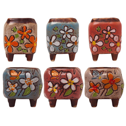 Floral Plant Pot, Hand Painted Planter Pots, Square Clay Plant Pots
