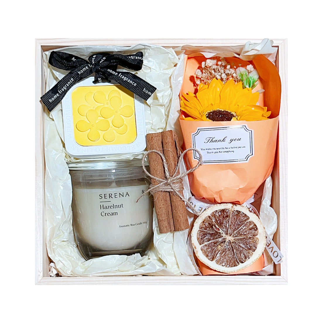 Serena Candle & Soap Flower Gift Basket in Wooden Box – Perfect for Relaxation & Decor