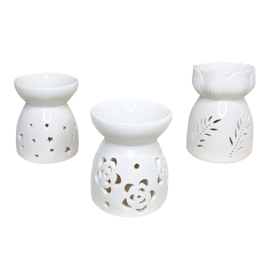 Elegant Ceramic Aromatherapy Oil Burner/ Essential Oil Burner with Decorative Star, Floral, and Leaf Cut-Out Designs