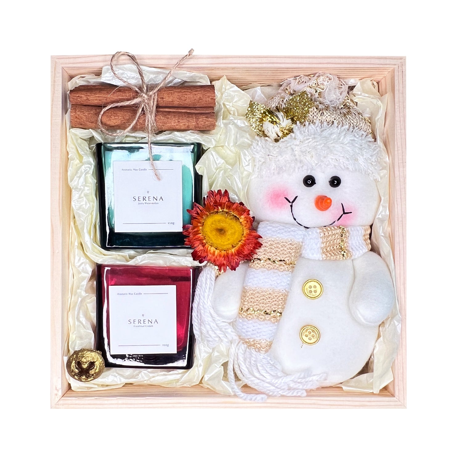 Perfect Christmas Gift Basket with Jar Candle, Snowman Plush &amp; Decorative Dried Flowers