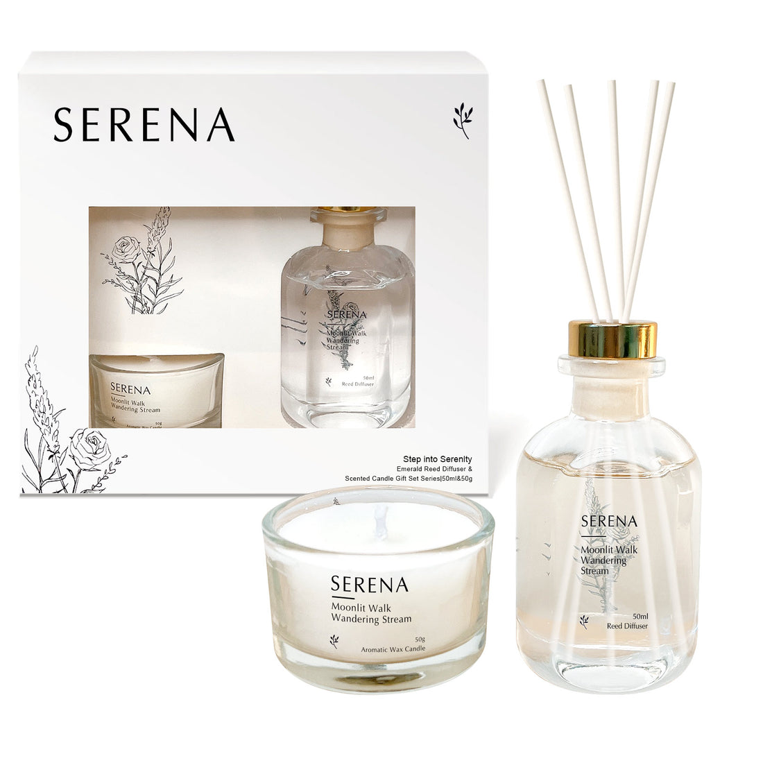 Soy Wax Candles &amp; Reed Diffuser Gift Set, Serena Jar Candle, Crystal Glass Diffuser (50ml Diffuser + 50g Candle)