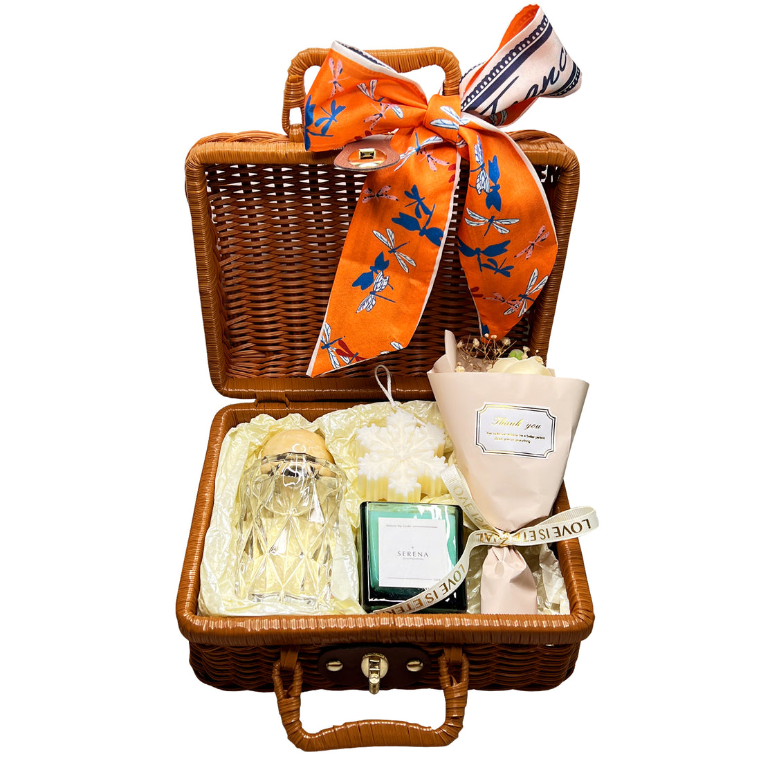 Luxury Suitcase Gift Basket with Jar Candle, Crystal Reed Diffuser, Soap Flowers &amp; Snowflake Candle