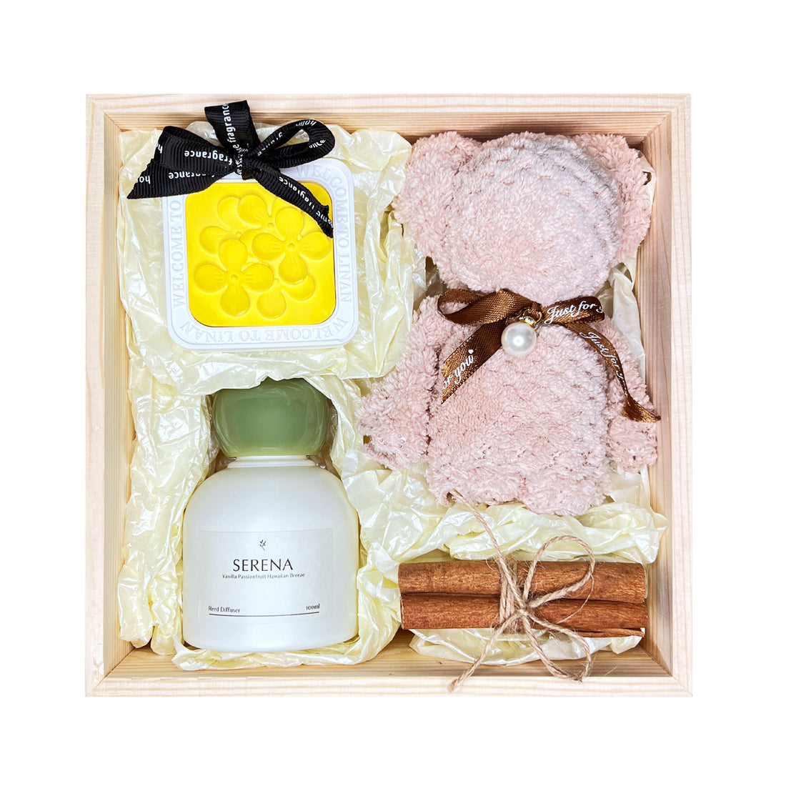 Unique Gift Set: Reed Diffuser, Flower Petal Ornament, Teddy Bear Towel & Dried Flowers