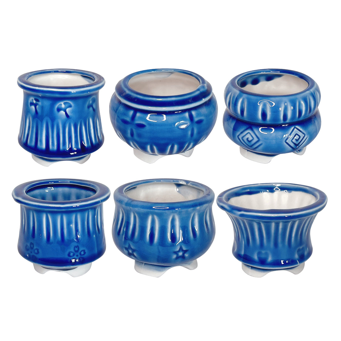 Blue Ceramic Plant Pot, Ice Blue Stamped Indoor Planter Pot