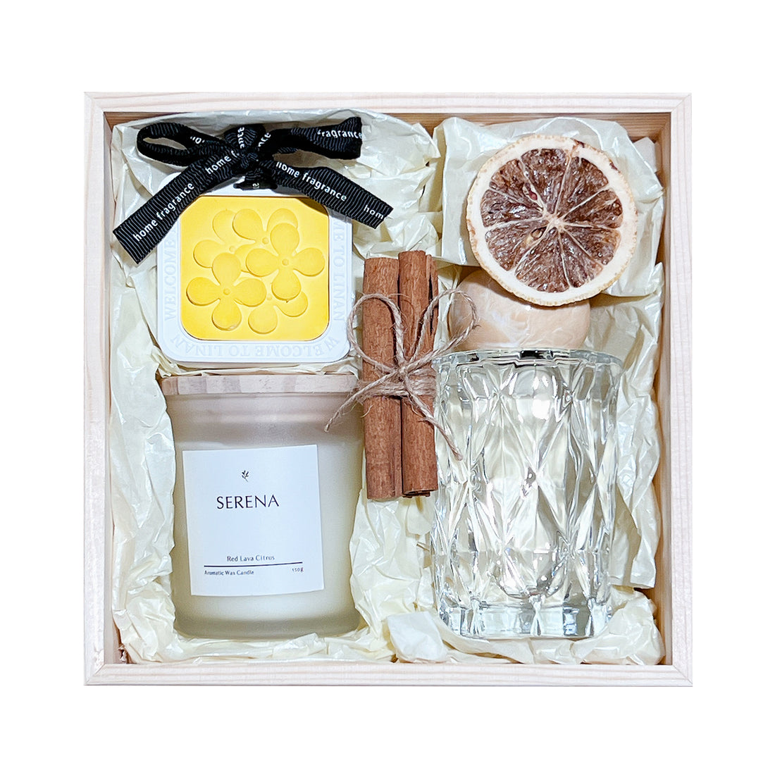 Luxury Wooden Gift Basket with Serena Scented Candle, Reed Diffuser &amp; Hanging Ornament