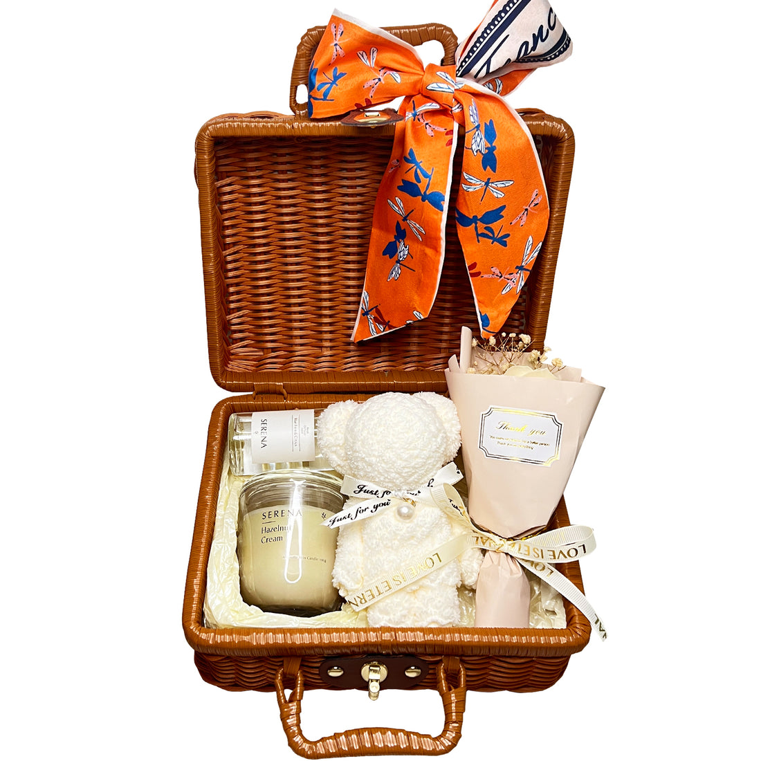 All-in-One Suitcase Gift Basket with Jar Candle, Teddy Bear Towel &amp; Floral Soap Keepsakes