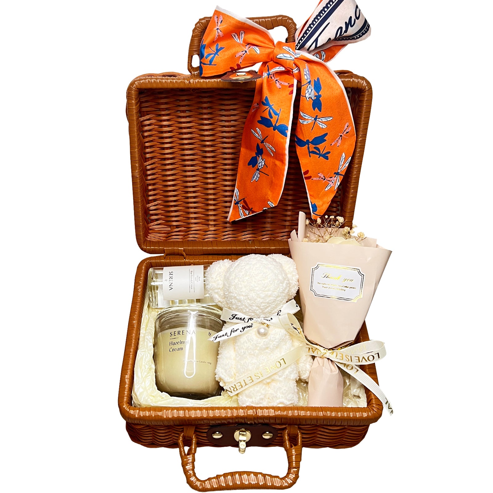 All-in-One Suitcase Gift Basket with Jar Candle, Teddy Bear Towel &amp; Floral Soap Keepsakes