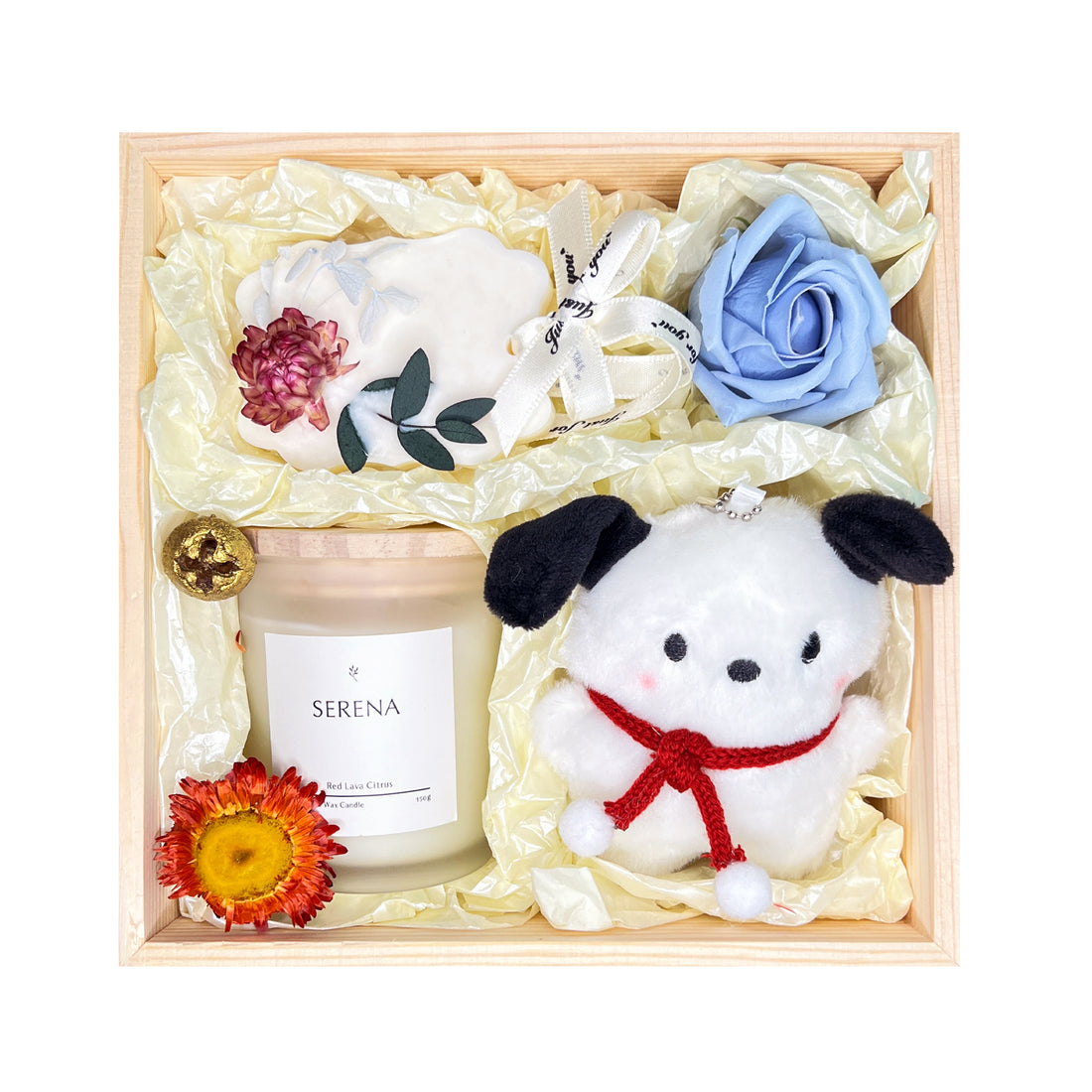 Cozy Gift Basket with Jar Candle, Scented Wax Pendant, Stuffed Animal & Soap Flower Decor