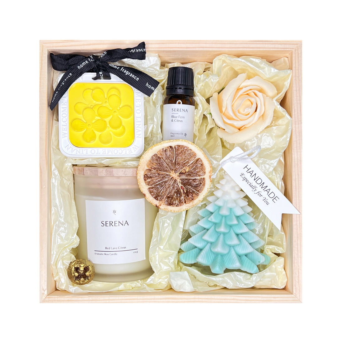 Holiday Gift Basket with Handmade Tree Candle, Jar Candle, Scented Ornament &amp; Floral Decor