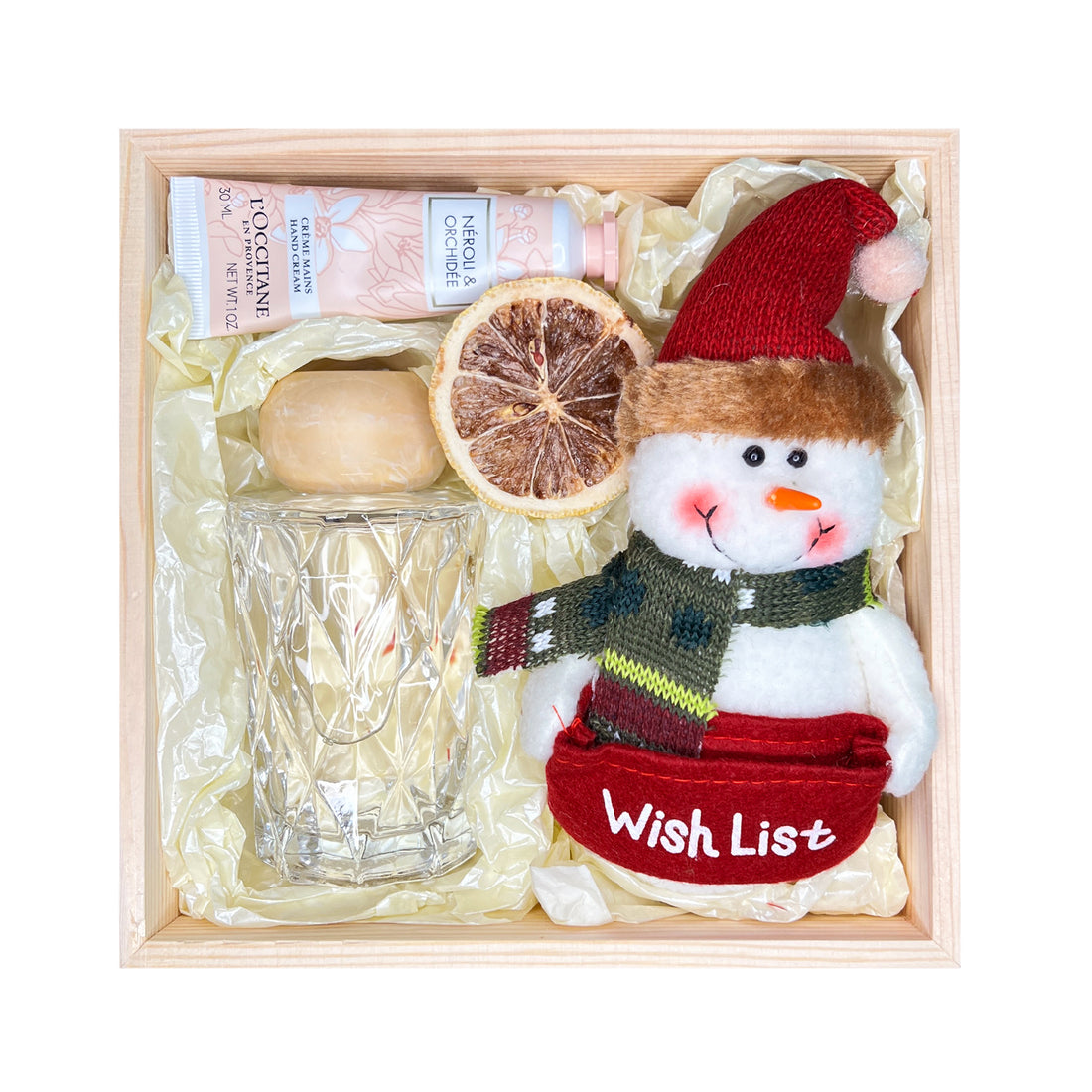 Charming Winter Gift Basket with Crystal Diffuser, Hand Cream &amp; Snowman Plush Toy