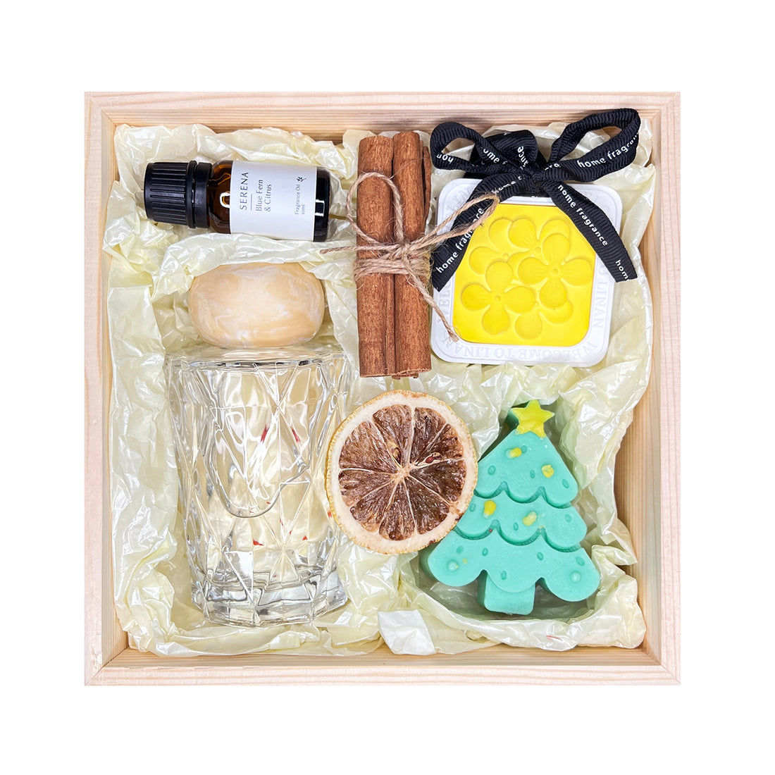 Elegant Gift Basket with Crystal Diffuser, Christmas Candle, Fragrance Oil & Ornament Decor