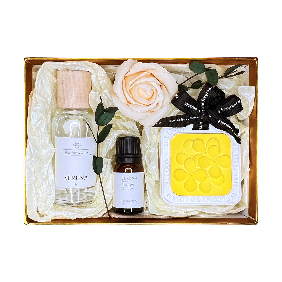 Home Spa Gift Basket with Reed Diffuser, Fragrance Oil, Soap Flower &amp; Floral Decor