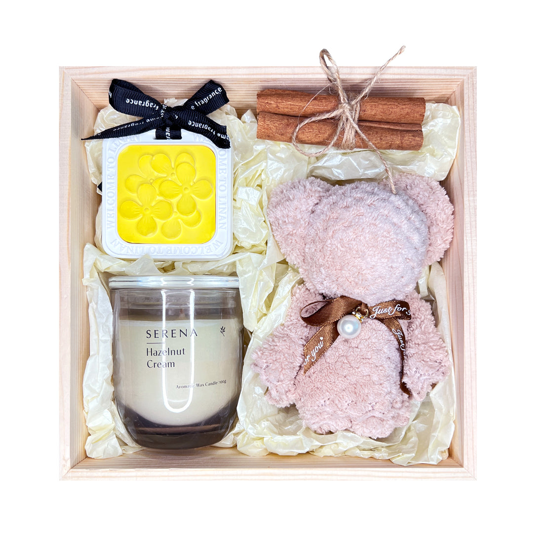 Thoughtful Gift Basket with Jar Candle, Cute Teddy Towel, Ornament &amp; Floral Decorations