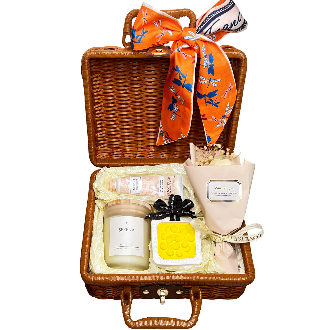 Chic Suitcase Gift Basket with Jar Candle, Flower Petal Ornament &amp; Luxurious Hand Cream