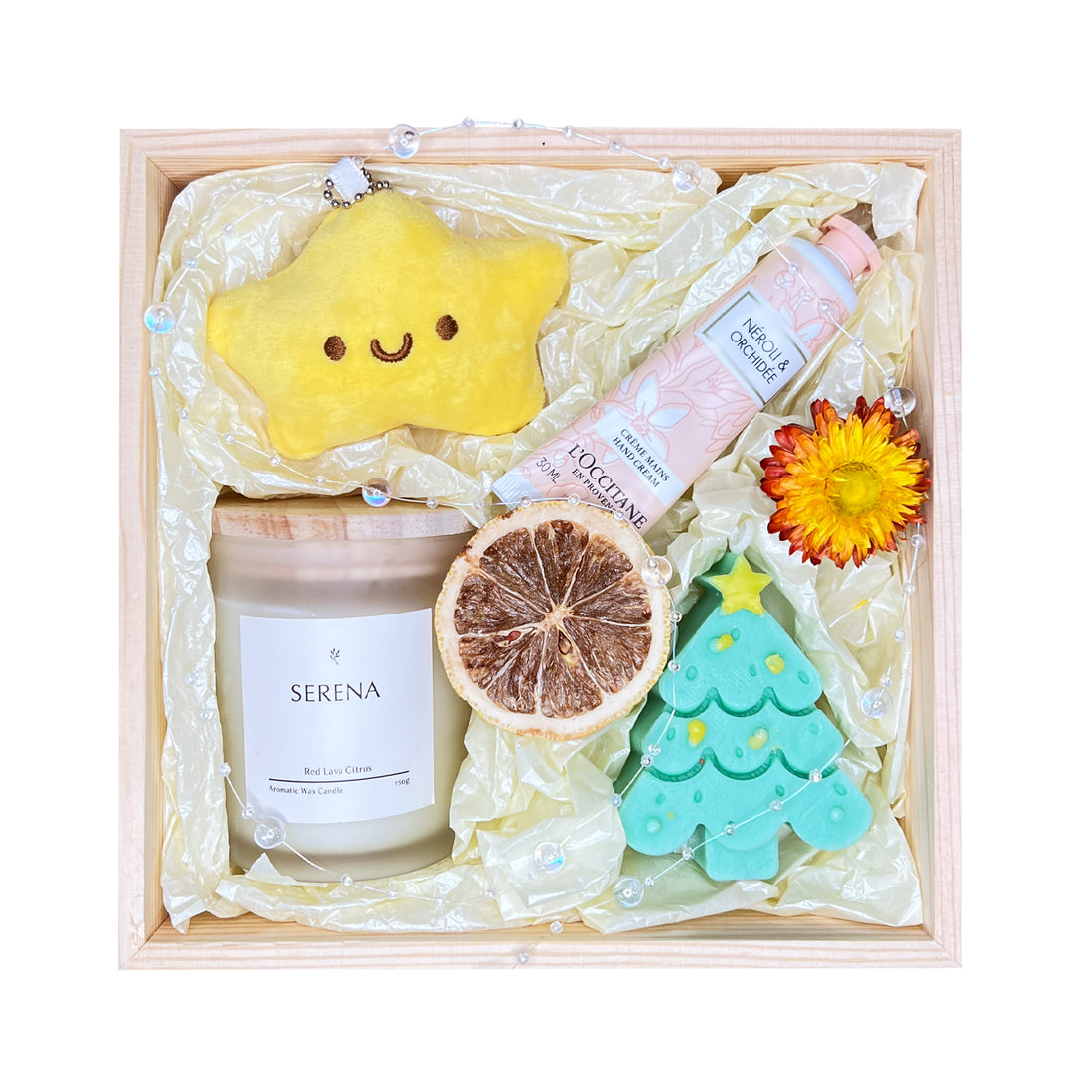 Cozy Christmas Gift Basket: Jar Candle, Plush Toy & Hand Cream