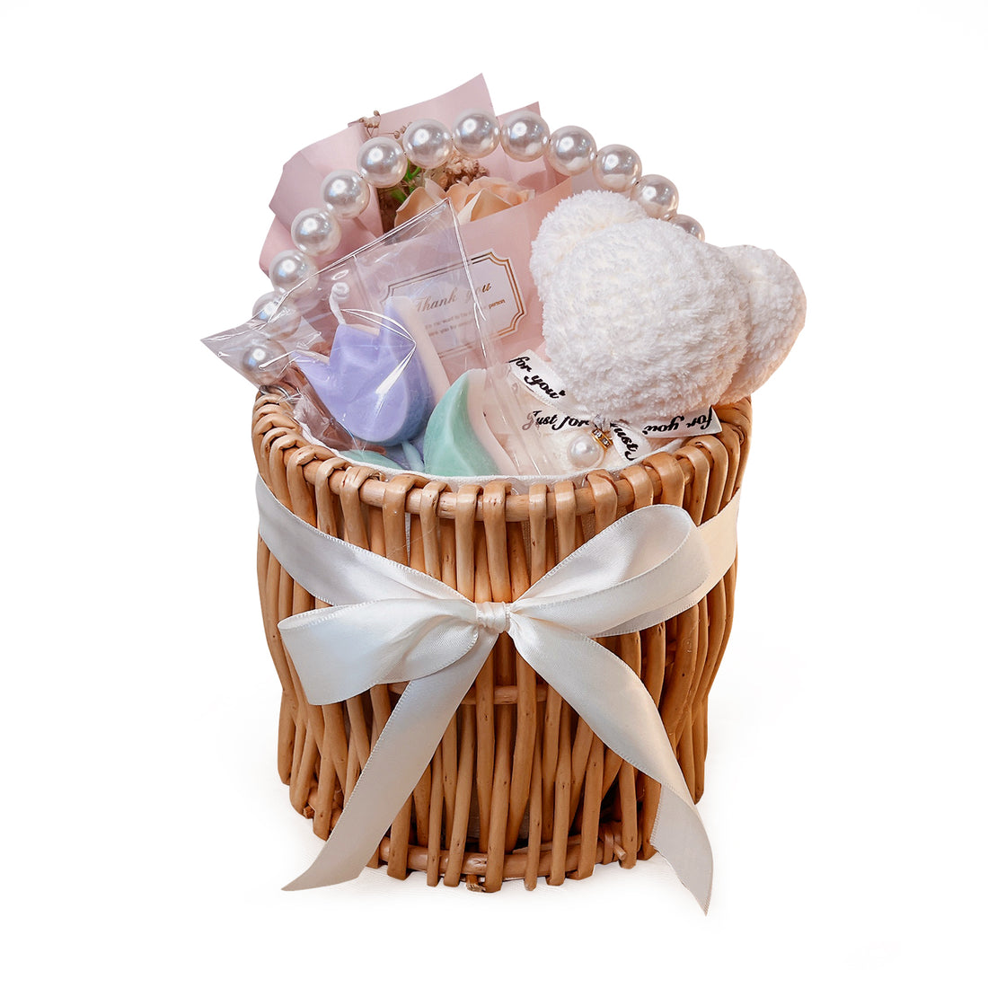 Adorable Gift Basket with Teddy Bear Towel, Handmade Scented Candle &amp; Soap Flower