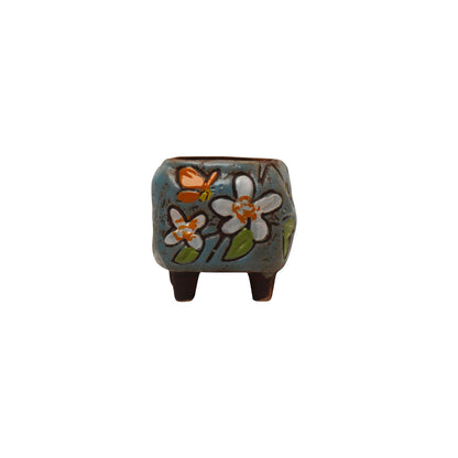 Floral Plant Pot, Hand Painted Planter Pots, Square Clay Plant Pots