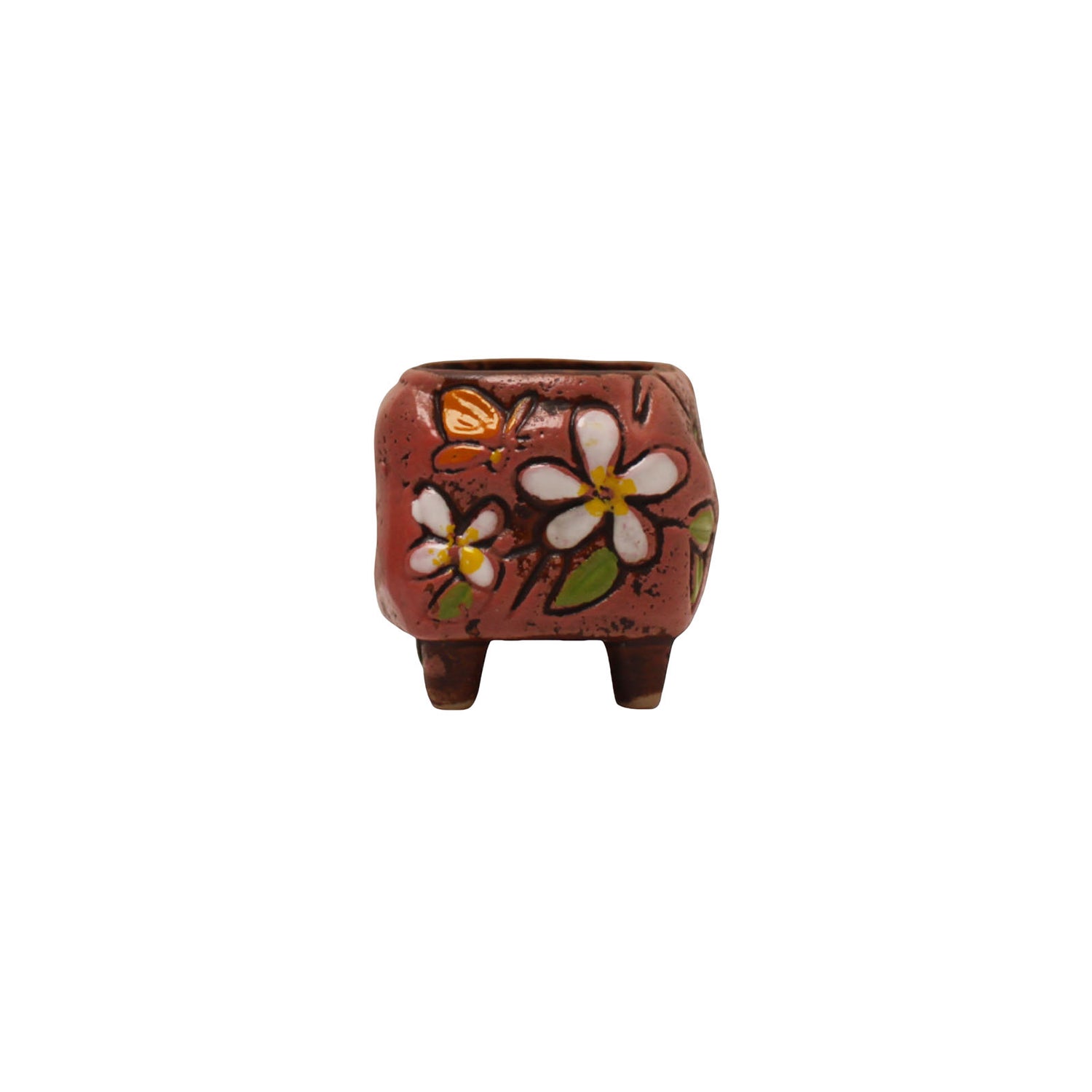 Floral Plant Pot, Hand Painted Planter Pots, Square Clay Plant Pots