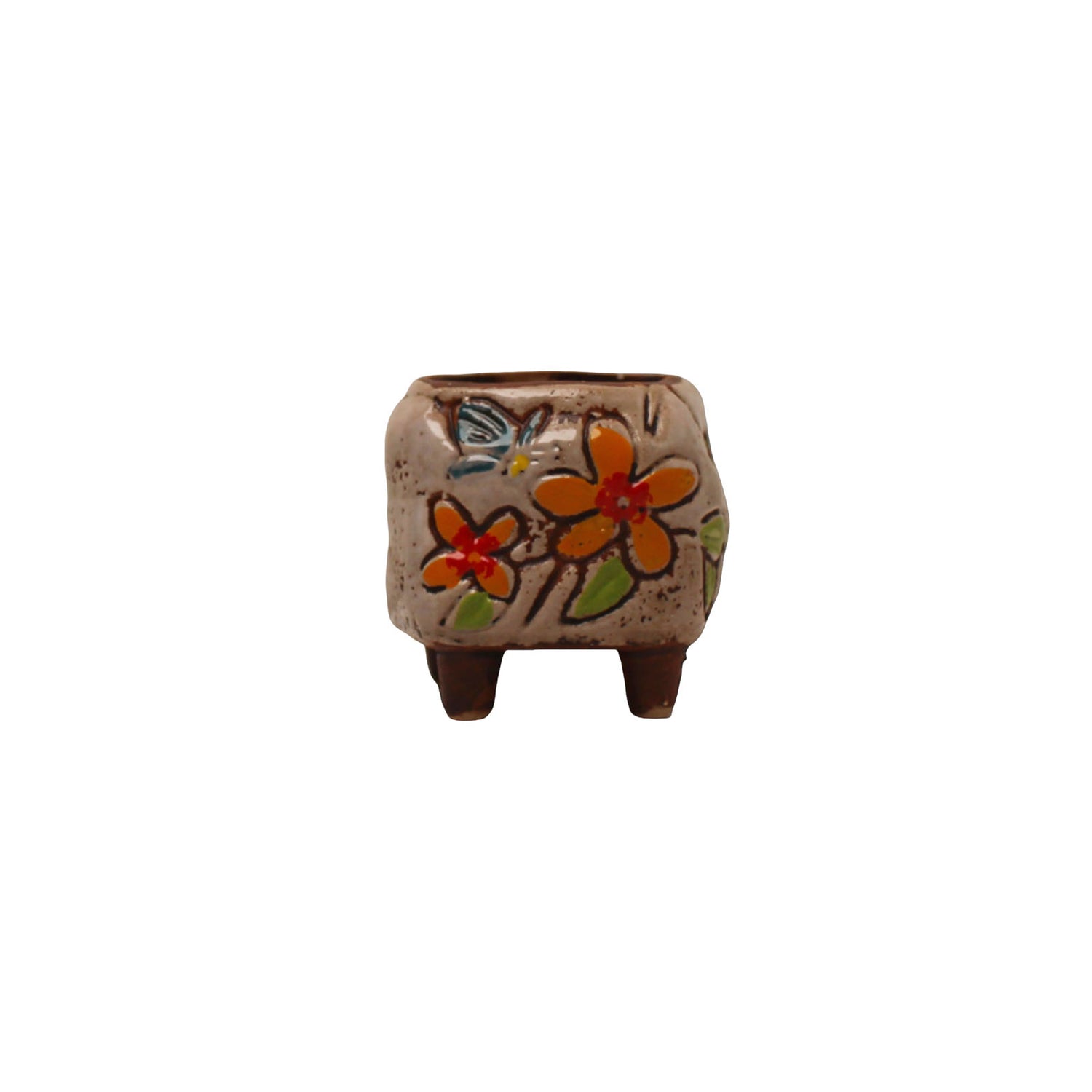 Floral Plant Pot, Hand Painted Planter Pots, Square Clay Plant Pots