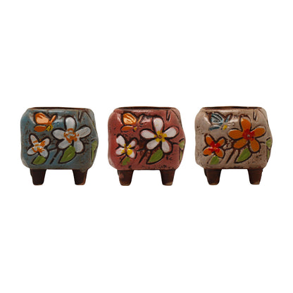 Floral Plant Pot, Hand Painted Planter Pots, Square Clay Plant Pots