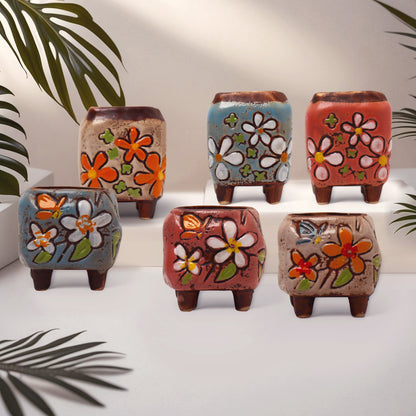 Floral Plant Pot, Hand Painted Planter Pots, Square Clay Plant Pots
